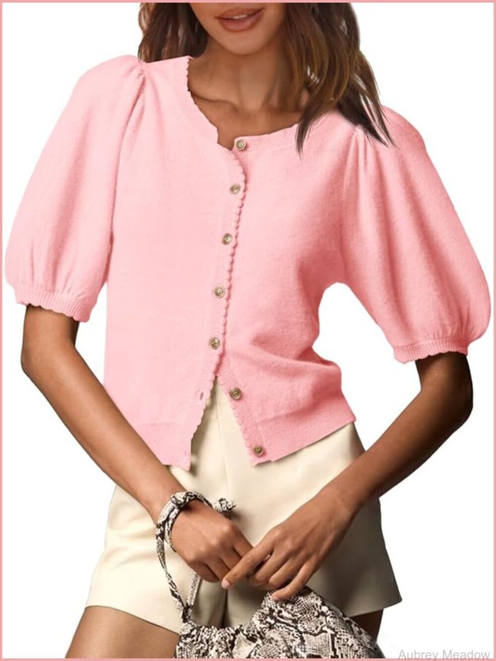 Puff Short Sleeve Cardigan Summer Button Down Knit Crew Neck Sweater Top